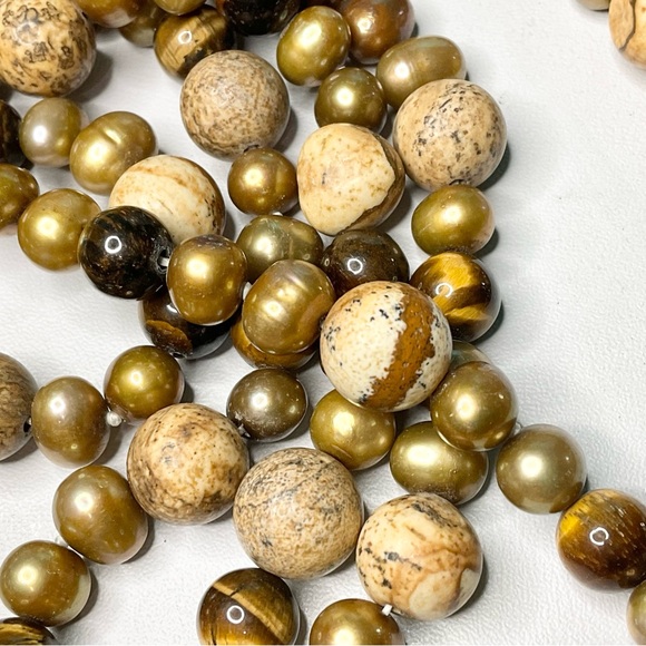 Pearl + Tiger Eye + Jasper Long Bead Necklace - Picture 5 of 6